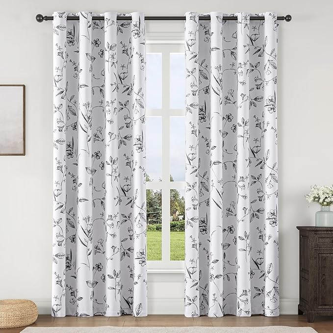 ChrisDowa 100% Blackout Floral Curtains 72 Inches Long 2 Panels for Bedroom Living Room Black Flower Patterned Room Darkening Thermal Insulated Soundproof Grommet Window Treatments Drapes,52X72