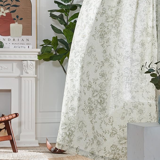 jinachan Pinch Pleated Curtains Floral Linen Blend Curtains for Living Room 108 Inches Length Christmas Green Peony Flower Printed Curtain Rod Pocket Back Tab Farmhouse Drapes with Hooks Set 2 Panels