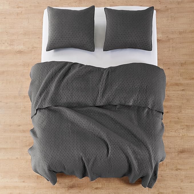 Levtex Home Cross Stitch Reversible Twin Bedspread Set (84x104in) with 1 Pillow Sham (26x20in) - Stitch Texture - Charcoal - Cotton Twin Size Bedspread Set - Lightweight, Soft, Pre-Washed