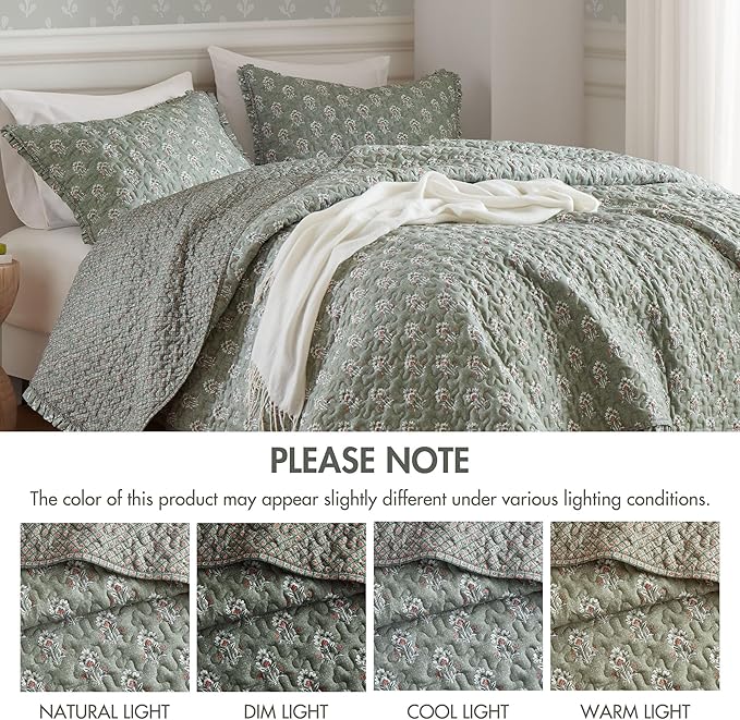 Madison Park Vintage Floral Quilt Set King Size, Reversible Bedding & Lightweight Bedspread Set, Traditional Block Print Coverlets with Ruffled Edge, 3-Piece with 2 Shams, Sage Green