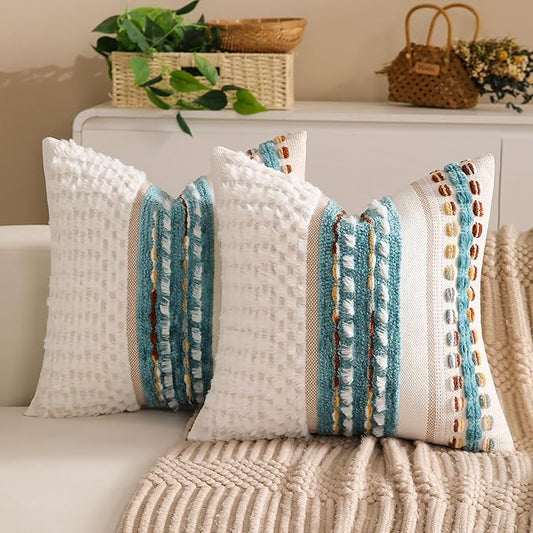 KOOLIFE Boho Chenille Tufted Couch Throw Pillow Covers 18x18 Inch Set of 2 Farmhouse Striped Decorative Pillow Covers Accent Neutral Pillowcase Teal Cushion Cover for Living Room Sofa Bed