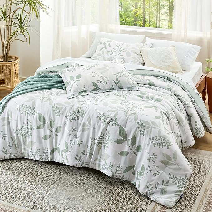 Bedsure Comforter Set Queen Size - Cute Floral Bedding Comforter Set, 3 Pieces, 1 Soft Reversible Sage Green Botanical Flowers Comforter and 2 Pillow Shams
