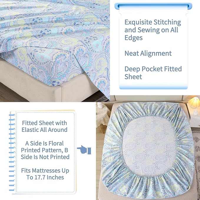 RYNGHIPY Cotton Sheets Floral Print Queen Size Sheet Sets Flower Botanical Pattern Egyptian Cotton Bed Sheets Soft and Breathable Deep Pockets (Blue,Queen Size)