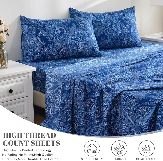Bedlifes Queen Sheet Set Ultra Soft, Breathable, Silky Flower Deep Pocket 100% Microfiber Bedding, 4 Piece Queen Size Paisley Dark Navy Blue