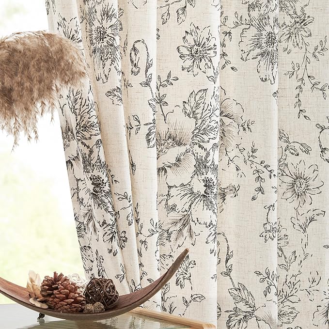 jinchan Pinch Pleated Curtains Floral Linen Blend Curtains for Living Room 63 Inch Length Black Peony Flower Printed Curtain Rod Pocket Back Tab Farmhouse Pinch Pleat Drapes with Hooks Set 2 Panels