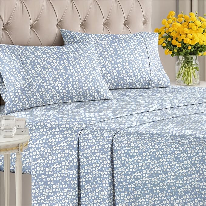 Floral Sheets - Blue Floral Bed Sheet Set - 1 Flat, 1 Fitted & 2 Pillowcases w/ Deep Pockets - Comfy, Wrinkle & Fade Free - Boho Botanical Bedding - Soft, Breathable and Cooling - Cal King Size Set