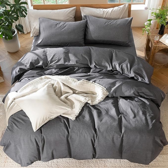 MooMee Bedding Duvet Cover Set 100% Washed Cotton Linen Like Textured Breathable Durable Soft Comfy (Heathered Dark Grey, Full 80"x90")