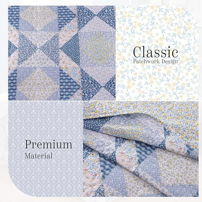 Quilt Set Twin Size, Patchwork Blue Marigold Floral Quilt Sets, Reversible Bedspread Lightweight and Breathable for All Seasons, Soft Quilted Bedspread with 1 Pillow Sham