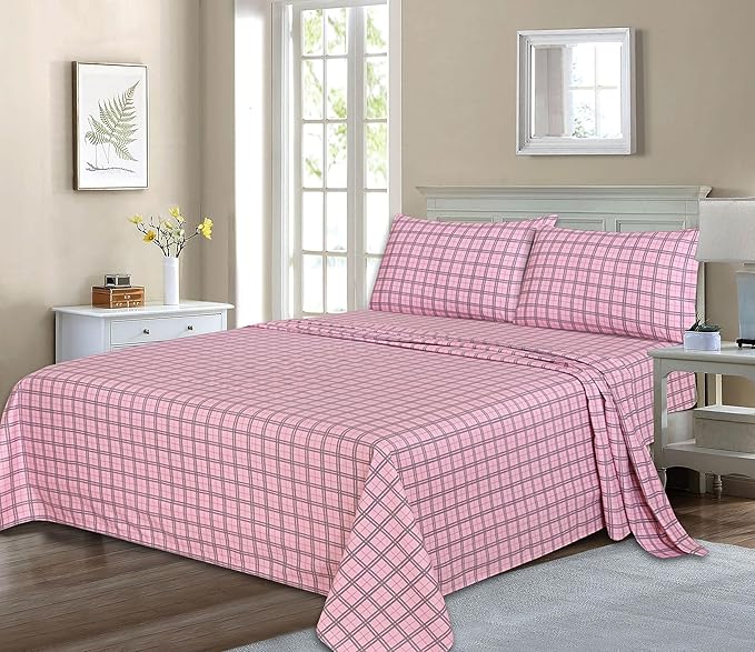 RUVANTI Flannel Sheets King Size - 100% Cotton Brushed King Size Sheets Set - Deep Pockets 16 Inches Bed Sheets - All Seasons Breathable & Extra Soft - Warm & Cozy, 4 Piece, Check & Bolt Pink