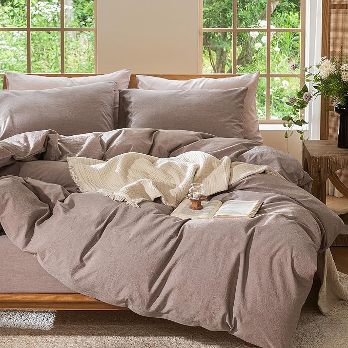 MooMee Bedding Duvet Cover Set 100% Washed Cotton Linen Like Textured Breathable Durable Soft Comfy (Heathered Mauve Brown, Oversized King Plus 128"x120")