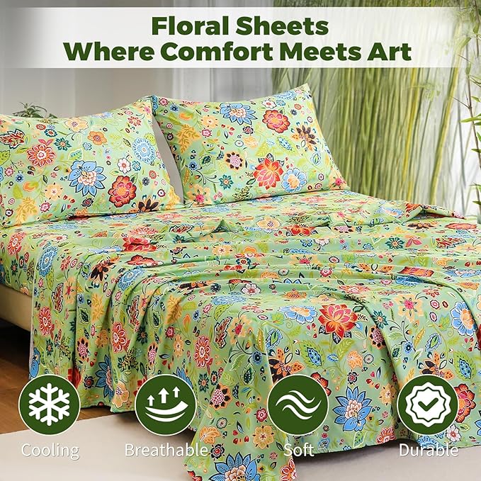 Bedlifes Extra Deep Pocket 18-24" Queen 4-Piece Sheet Set - Cooling Sheets Blend Rayon Derived from Bamboo Soft & Breathable Floral Sage Green