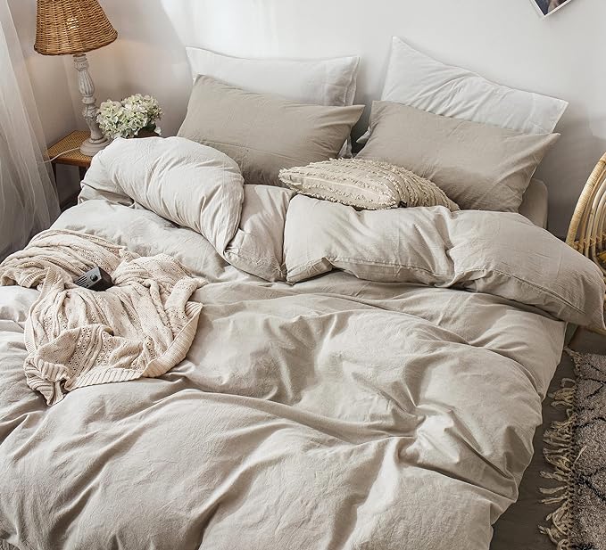 MooMee Bedding Duvet Cover Set 100% Washed Cotton Linen Like Textured Breathable Durable Soft Comfy (Heathered Tannish Linen Grey, Full 80"x90")