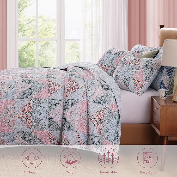 Quilt Set Queen Size, Patchwork Pink Floral Quilt Sets, Reversible Bedspread Lightweight and Breathable for All Seasons, Soft Quilted Bedspread with 2 Pillow Shams