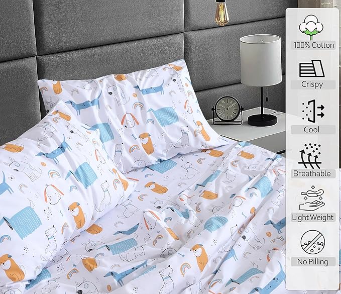 RUVANTI 100% Cotton Twin Sheets Set, 3 Pieces, Soft & Breathable Percale Weave Bedding, Deep Pocket 16", Hotel Standard, Crisp Cool Feel, Durable, Perfect Floral Bed Sheet, Puppy Me