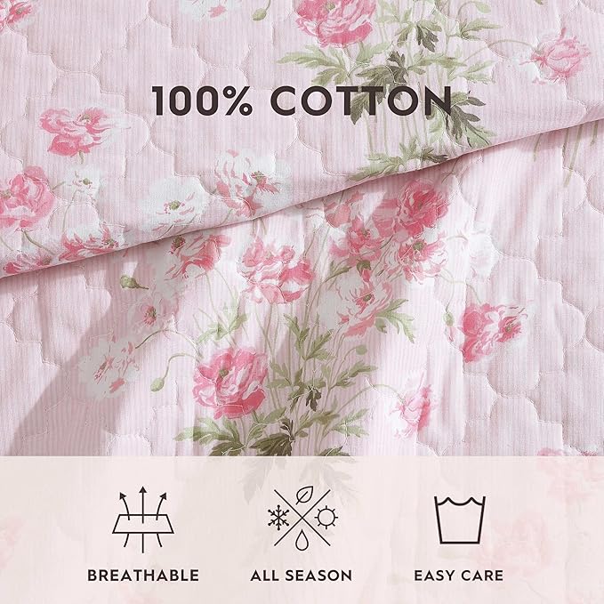 Laura Ashley - Twin Quilt Set, Reversible Cotton Bedding with Matching Sham, Medium-Weight for Year Round Use, Dorm Essentials, Coquette Room Decor (Veronicas Bouquet Pink)