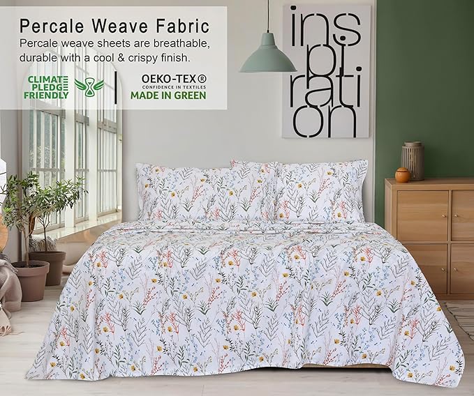 RUVANTI 100% Cotton Full Size Bed Sheets, 4 Pieces, Soft & Breathable Percale Weave Bedding, Deep Pocket 16", Hotel Standard, Crisp Cool Feel, Durable, Perfect Sheet Set Floral, Aroma
