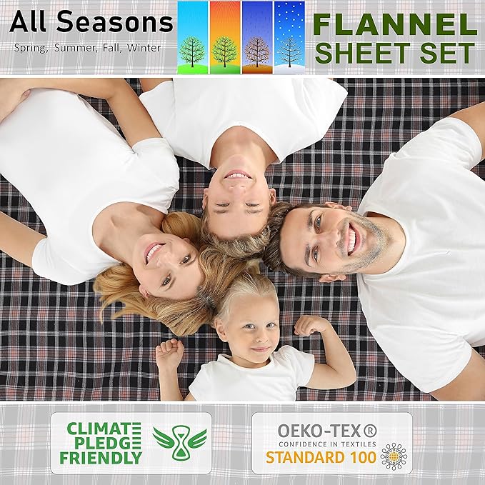 RUVANTI Flannel Sheets Full Size - 100% Cotton Double Brushed Bed Sheets Set, Deep Pockets 16 Inches, All Seasons Breathable & Extra Soft Full Sheets, Warm & Cozy, 4 Piece, Peach & Black Plaid