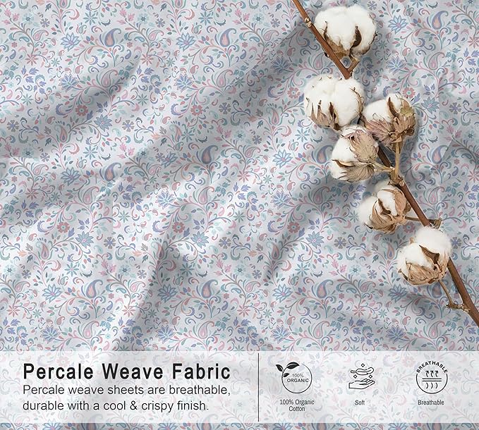 RUVANTI 100% Organic Cotton Sheets Full Size, Percale Weave, GOTS Certified, 4-Piece Set, Deep Pocket 15", Crisp & Breathable, Soft Durable Bedding, Sábanas Algodón Orgánico – Multi Paisley