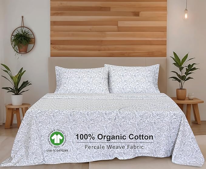 RUVANTI 100% Organic Cotton Sheets Split King, Percale Weave, GOTS Certified, 5-Piece Set, Deep Pocket 15", Crisp & Breathable, Soft Durable Bedding, Sábanas Algodón Orgánico – Ornate Oasis