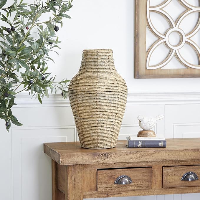 Deco 79 Faux Seagrass Handmade Decorative Vase Tall Woven Floor Centerpiece Vase, Vase for Home Decoration 10" x 10" x 18", Brown
