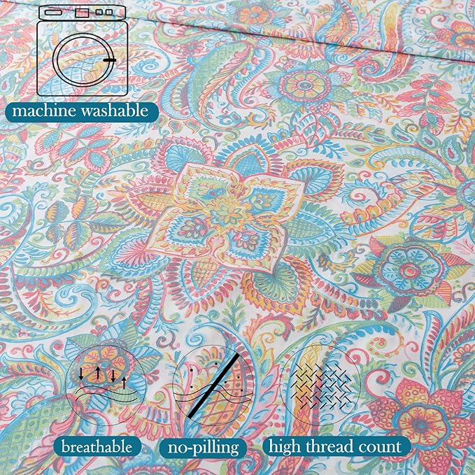 Zusbest Queen Size Bed Sheet Set 100% Cotton Pink Green Paisley Floral Sheets Watercolor Bedding Luxury Soft Breathable Crispy Cooling Percale Sheets 17.5 Inches Deep Pocket Sheets Queen, 4 Pieces
