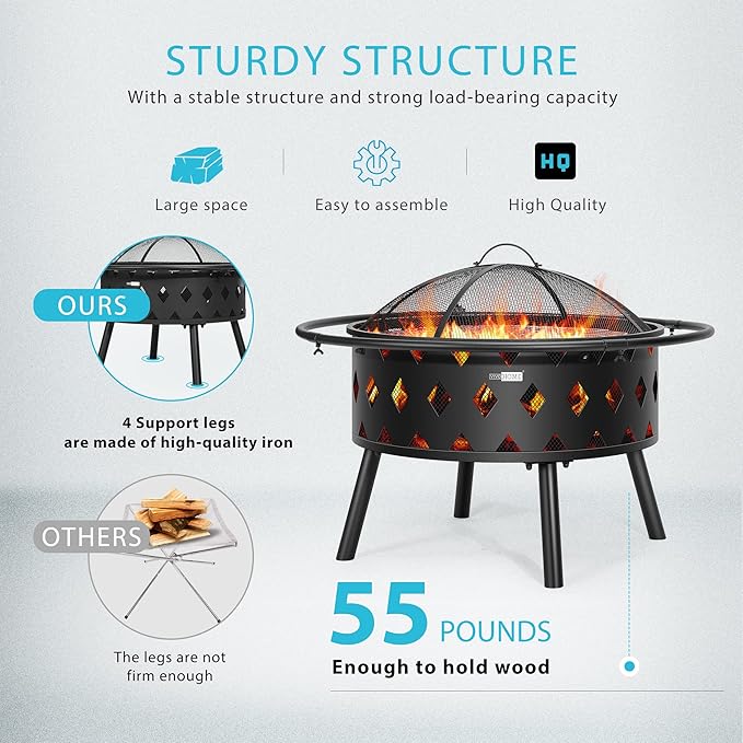 VIVOHOME 2 in 1 Outdoor Fire Pit - 36 Inch Large Bonfire Wood Burning Outside Firepit for Patio and Backyard with Spark Screen, Round Grill Grid, Poker and Fireplace Cover