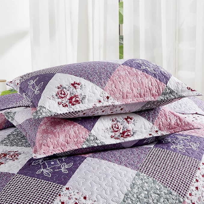 Dinjoy Purple Quilt Set Twin Size, Reversible Floral Plaid Patchwork Pattern Bedding Set Soft Microfiber Lightweight Bedspread 3 Piece Spring Summer Fall Use (68x86 inches)