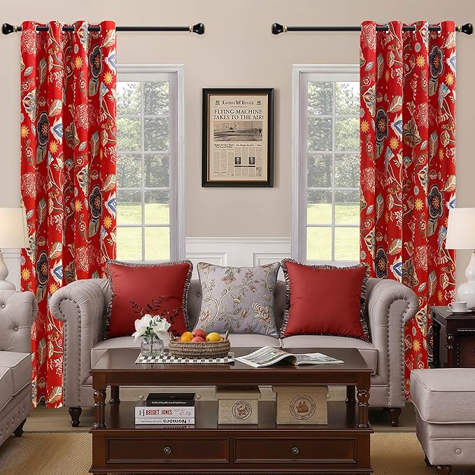 XiDi Christmas Red Floral Curtains 84 Inches Long 2 Panels 100% Blackout Vintage Leaf Patterned Curtains for Living Room Bedroom Thermal Insulated Room Darkening Luxury Colorful Drapes Grommet 52x84