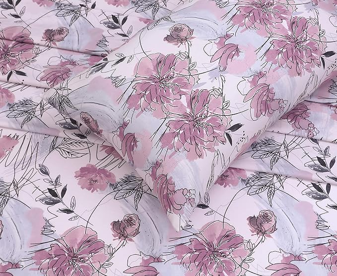 RUVANTI 100% Cotton Sheets Queen Size Set, 4 Pieces, Soft & Breathable Percale Weave Bedding, Deep Pocket 16", Hotel Standard, Crisp Cool Feeling, Durable, Perfect Floral Bed Sheet, Lilac Floral