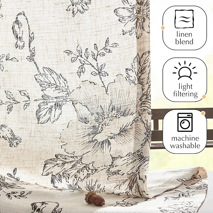 jinchan Pinch Pleated Curtains Floral Linen Blend Curtains for Living Room 84 Inches Length Black Peony Flower Printed Curtain Rod Pocket Back Tab Farmhouse Pinch Pleat Drapes with Hooks Set 2 Panels
