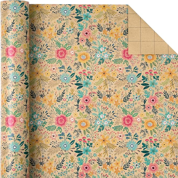 WRAPAHOLIC 30 Inch Kraft Floral Wrapping Paper Roll - 30 Inch x 33 Feet - Spring Summer Garden Flower Design Perfect for Wedding, Bridal Shower, Birthday