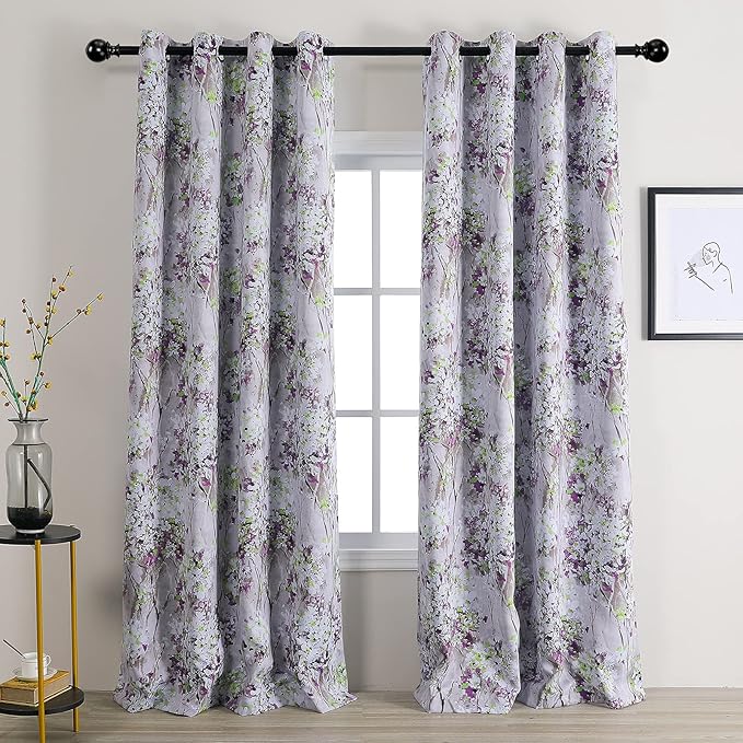 MYSKY HOME Purple Curtains 84 Inch Long 2 Panel Thermal Insulated Half-Blackout Flowers and Leaves Printed Curtains with Grommet