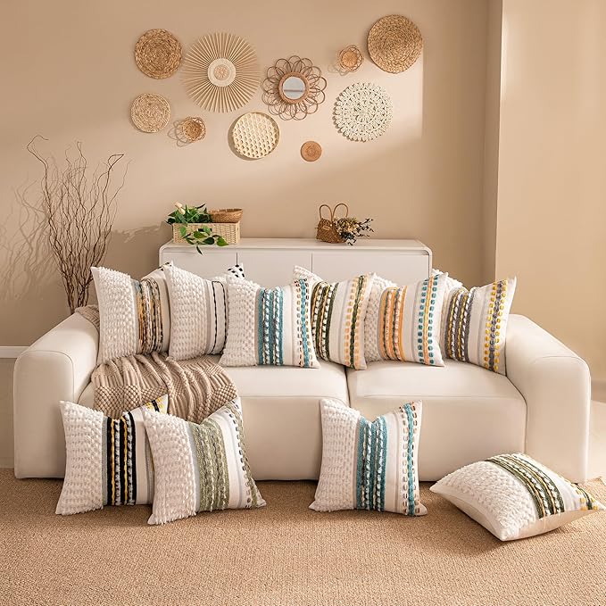 KOOLIFE Boho Chenille Tufted Couch Throw Pillow Covers 18x18 Inch Set of 2 Farmhouse Striped Decorative Pillow Covers Accent Neutral Pillowcase Black Yellow Cushion Cover for Living Room Sofa Bed