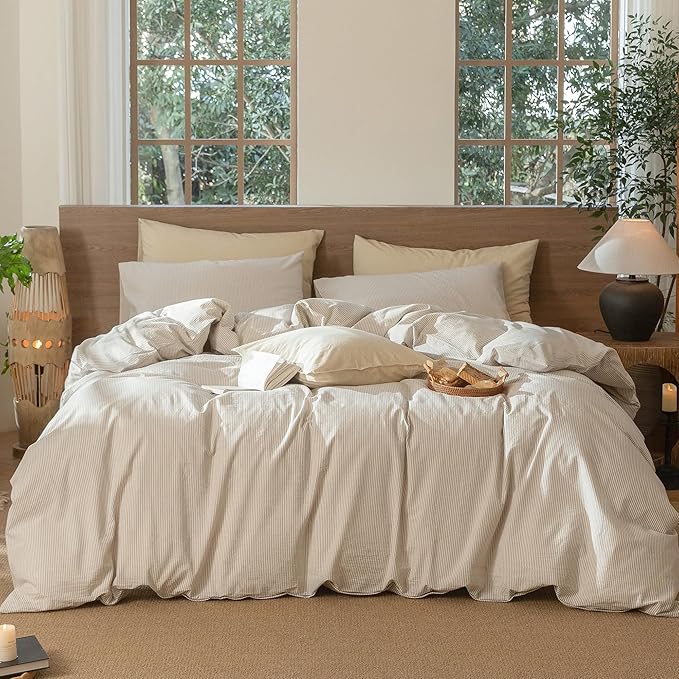 MooMee Striped Duvet Cover Set 100% Washed Cotton Linen Like Textured Breathable Durable Soft Comfy (Tannish Linen Grey White Pinstripes, Oversized Full 82"x86")