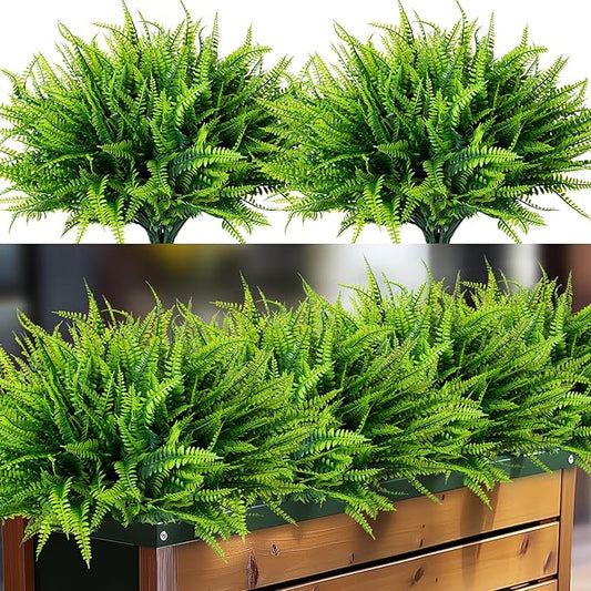 24 Bundles Artificial Fake Plants for Outdoor Faux Boston Fern for Home Decor UV Resistant Fake Plants Greenery for Front Porch Planter Indoor or Outdoor (Green)