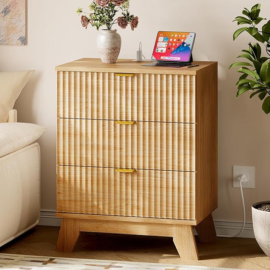 30.5" Nightstand with Charging Station, 3-Drawer Fluted Bedroom Chest, Wood Bedside Dresser with Power Outlets and USB Ports, Metal Slides, Stable Base, Modern Storage Cabinet for Small Spaces