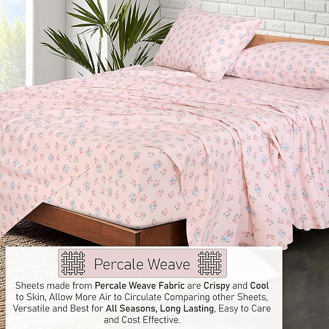RUVANTI 100% Cotton California King Sheet Sets, 4 Pieces, Soft & Breathable Percale Weave Bedding, Deep Pocket 14", Hotel Standard, Crisp Cool Feel & Durable, Perfect Floral Sheets, Spring On