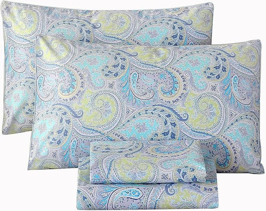 RYNGHIPY Cotton Sheets Floral Print King Size Sheet Sets Flower Botanical Pattern Egyptian Cotton Bed Sheets Soft and Breathable Deep Pockets (Blue,King Size)