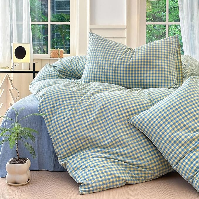 LifeTB Queen Comforter Set Blue Yellow Gingham Comforter with 2 Pillowcases Modern Style Geometric Plaid Comforter 3 Pieces Farmhouse Gingham Bedding Set Fluffy Grid Checkered Comforter Set