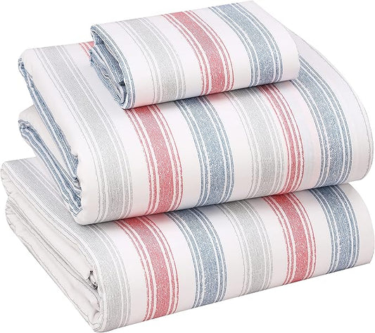RUVANTI 100% Cotton Twin Sheets Set, 3 Pieces, Soft & Breathable Percale Weave Bedding, Deep Pocket 16", Hotel Standard, Crisp Cool Feel, Durable, Perfect Striped Bed Sheet, Times