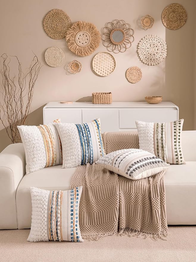 KOOLIFE Boho Chenille Tufted Couch Throw Pillow Covers 18x18 Inch Set of 2 Farmhouse Striped Decorative Pillow Covers Accent Neutral Square Pillowcase Blue Cushion Covers for Livingroom Sofa Bed