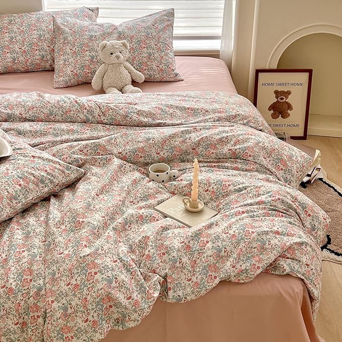 Vintage Floral King Size Comforter Set Fluffy Soft Girl Pink Floral Bedding Comforter French Style Aesthetic Flowers Botanical Comforter with 2 Pillowcases Farmhouse Boho Comforter Set King Comfy Soft