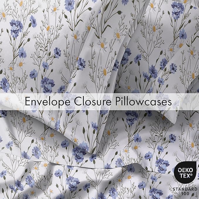 RUVANTI 100% Cotton Full Size Bed Sheets, 4 Pieces, Soft & Breathable Percale Weave Bedding, Deep Pocket 16", Hotel Standard, Crisp Cool Feel, Durable, Perfect Sheet Set Floral, Sweet Pea