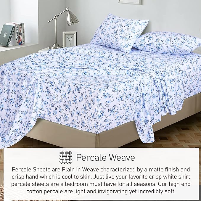 RUVANTI 100% Cotton Twin XL Sheet Sets, 3 Pieces, Soft & Breathable Percale Weave Bedding, Deep Pocket 16", Hotel Standard, Crisp Cool Feel, Durable, Perfect Size Floral Sheets, Annual