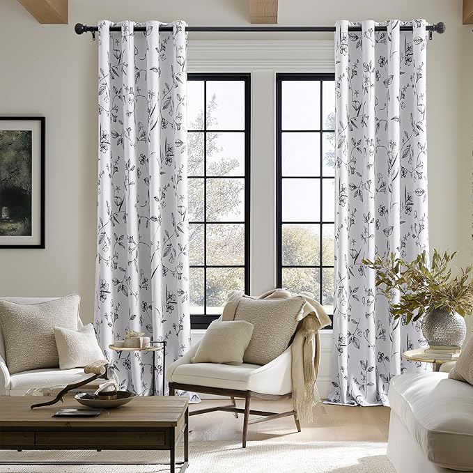 ChrisDowa 100% Blackout Floral Curtains 63 Inches Long 2 Panels for Bedroom Living Room Black Flower Patterned Room Darkening Thermal Insulated Soundproof Grommet Window Treatments Drapes,52X63
