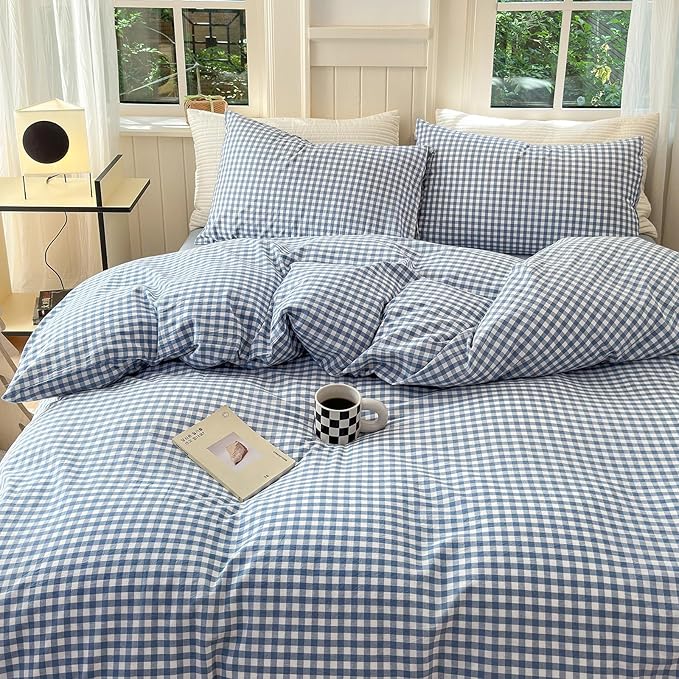 LifeTB Blue Gingham Comforter Set Full Size Modern Checkered Plaid Comforter Set 3 Pieces Blue Grid Bed Comforter with 2 Pillowcases Soft Fluffy Farmhouse Grid Plaid Bedding Set for All Seasons