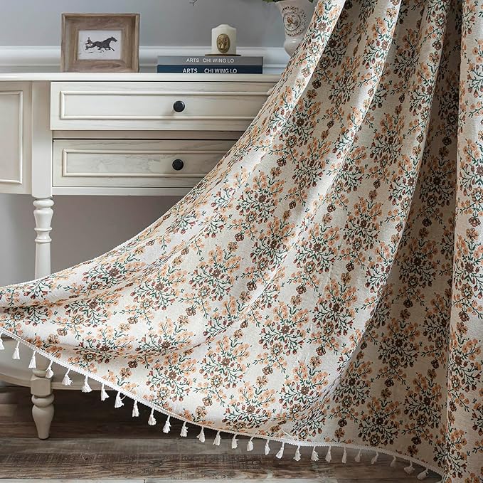 Floral Curtains 63 Inch Length 2 Panels Vintage Flower Patterned Drapes Boho Short Semi Sheer Tassel Rustic Country Rod Pocket Botanical Farmhouse Window Curtain Panels for Bedroom Living Room