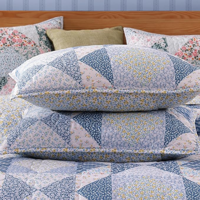 Quilt Set Twin Size, Patchwork Blue Marigold Floral Quilt Sets, Reversible Bedspread Lightweight and Breathable for All Seasons, Soft Quilted Bedspread with 1 Pillow Sham