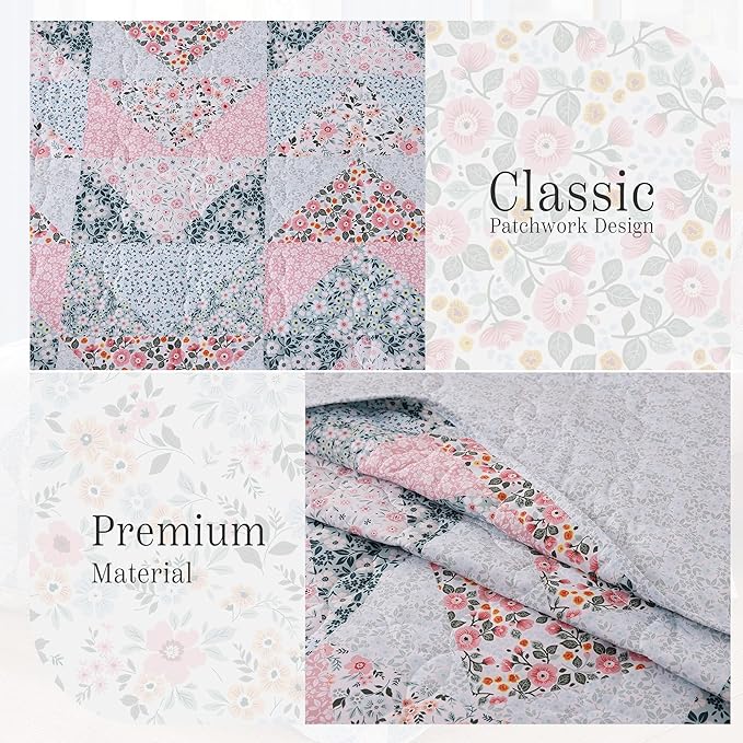 Quilt Set Twin Size, Patchwork Pink Floral Quilt Sets, Reversible Bedspread Lightweight and Breathable for All Seasons, Soft Quilted Bedspread with 1 Pillow Sham