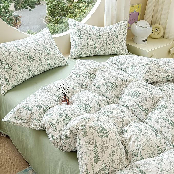 LifeTB Muslin Duvet Cover Full Size 100% Cotton Botanical Floral Comforter Cover Ultra Soft Cottagecore Bedding Set Lightweight Linen Feel Textured Breathable Gauze Duvet Cover with 2 Pillowcases
